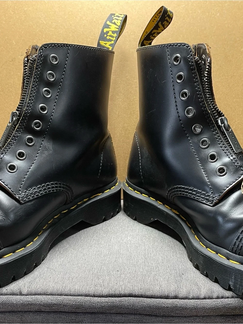 Dr. Martens Black Leather Zip-Up Combat Boots with Yellow Stitch